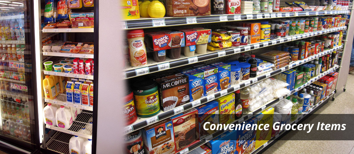Aisles of Grocery Items & Coolers - Convenience Grocery Items